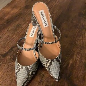 Sky blue snake print block heel